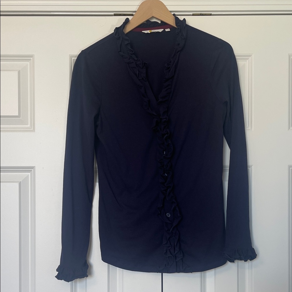 Boden Navy Long Sleeve Ruffle Top - Picture 2 of 7